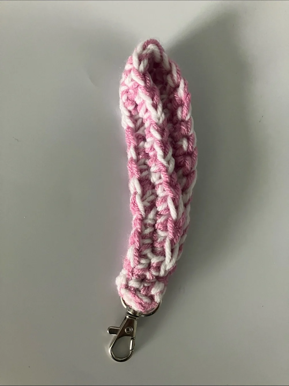 Handmade Pink and White Crochet Keychain Wristlet key Holder